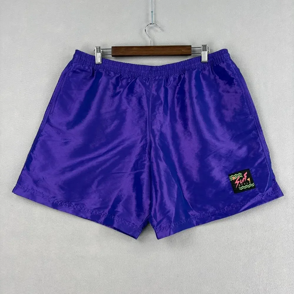 Surf Style Shorts Mens 2XL Purple Swim Trunks Mesh Lined Drawstring Neon Patch